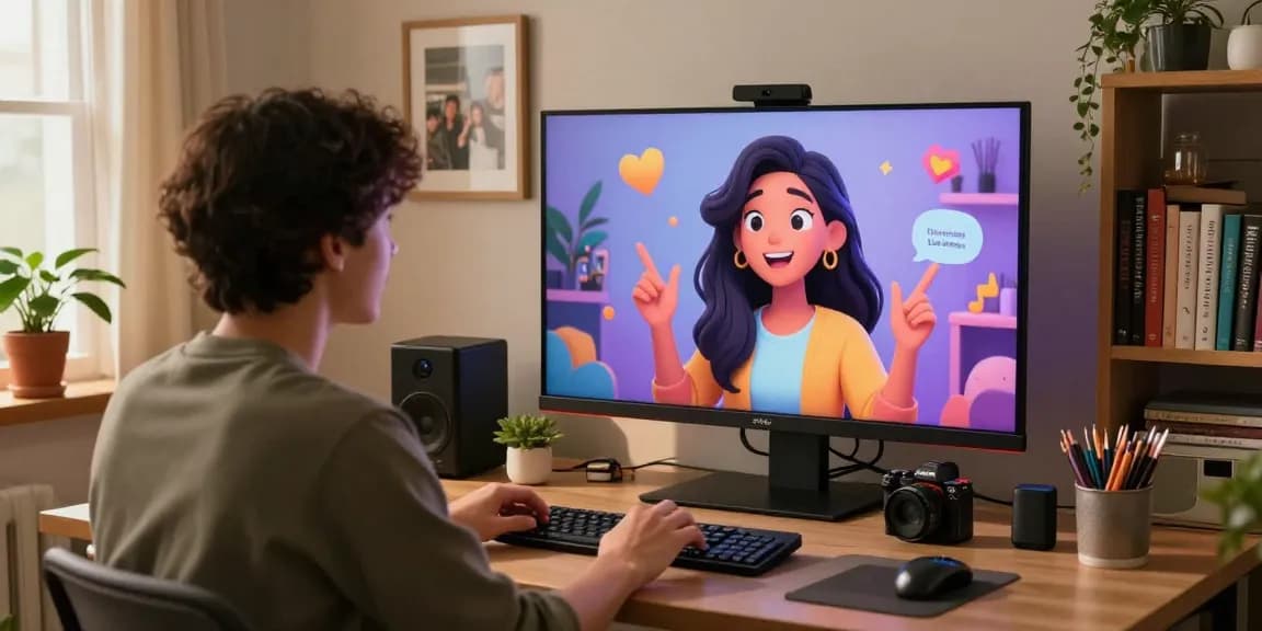 Engaging AI girlfriend conversation scene with animation and cozy tech setup, showcasing emotional connection.