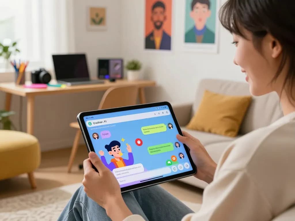 Engaging with Crushon AI in a cozy living room, showcasing vibrant character interactions and digital art.
