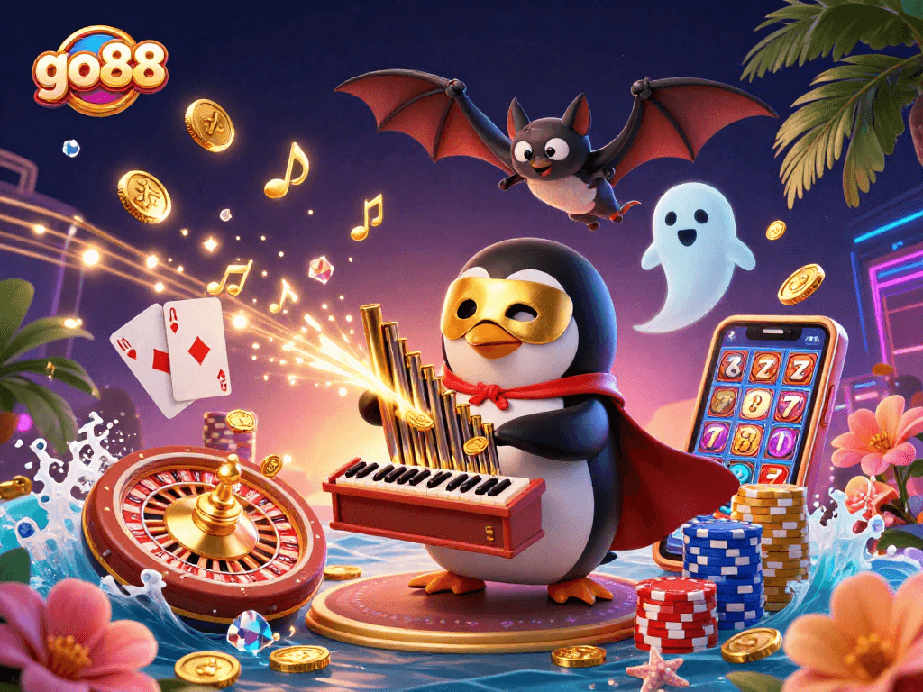 Engage with go88 by witnessing a thrilling 3D illustration of a penguin organist amidst flying coins and vibrant casino elements.