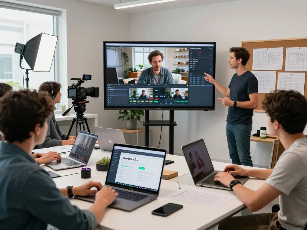 Seedance 2.0 AI video production team collaborating in a modern workspace, showcasing technology and creativity.