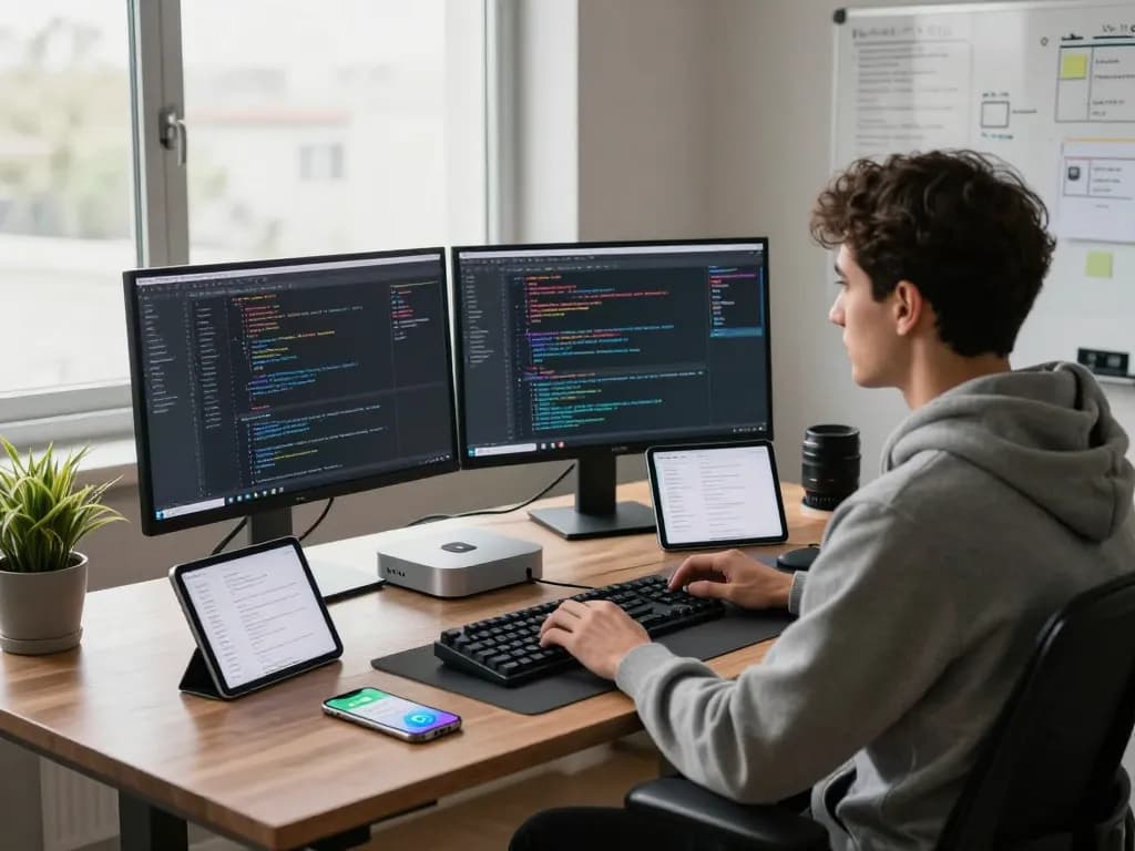 Developer utilizing Open Claw AI on Mac mini in modern workspace with multiple screens and productivity tools.