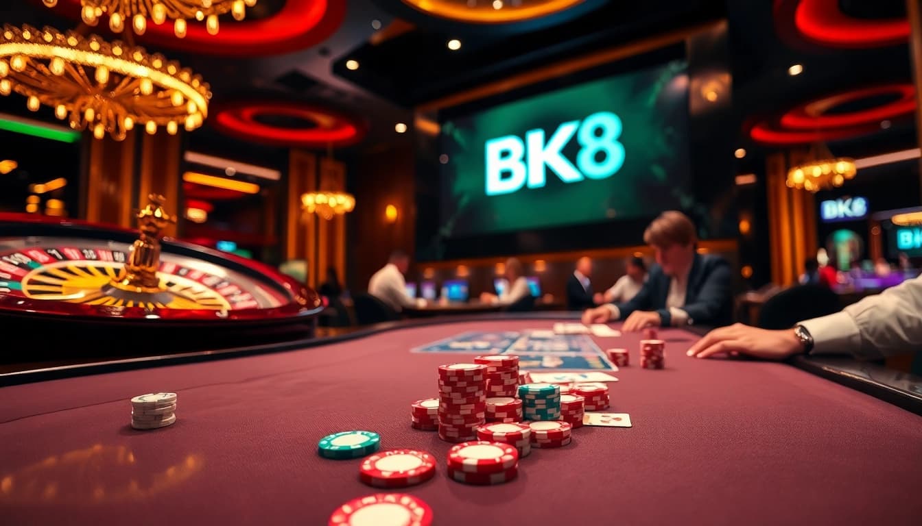 Players enjoying intense gameplay at BK8's luxurious casino tables with chips and cards.