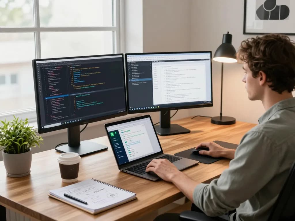 Moltbot Mac setup in a modern home office with dual monitors displaying code, coffee cup, and tech elements.