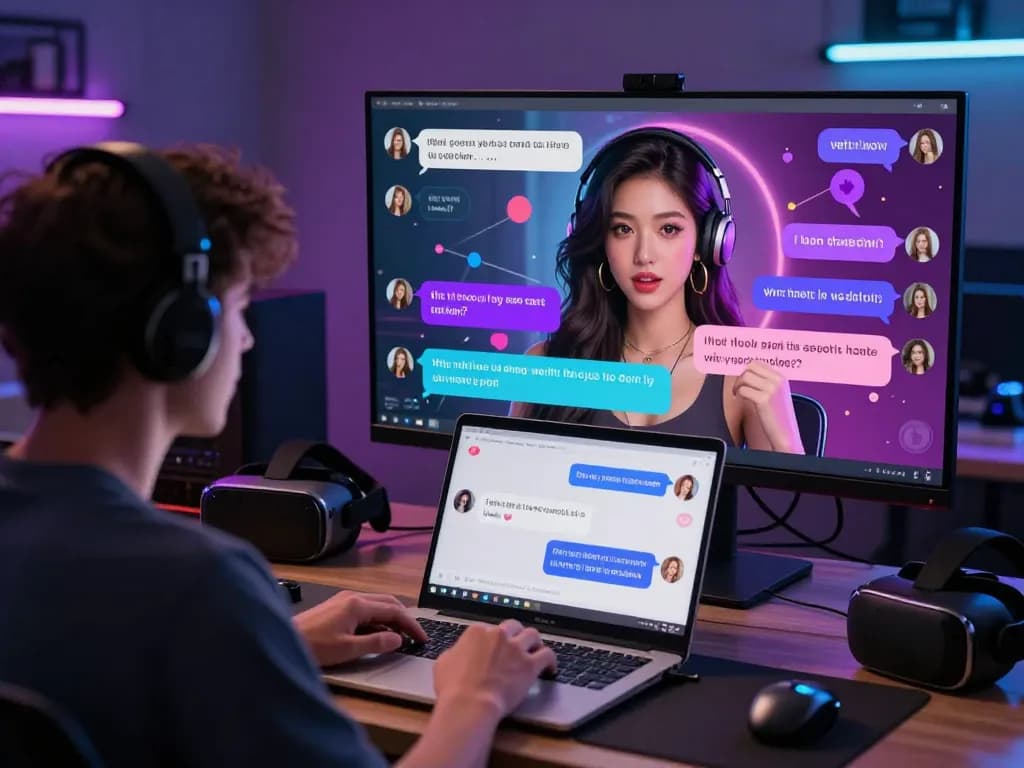 Engaging digital chat with AI porn chat avatar in a modern workspace.