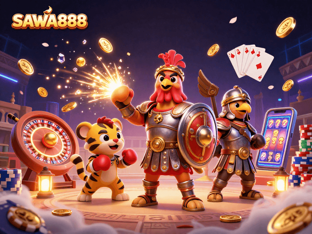 Experience the thrill of SAWA888 with a cartoon gladiator rooster and treasure-filled casino scene.