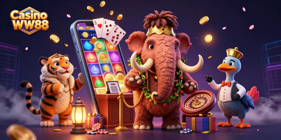 Experience Casino WW88 with a woolly mammoth bouncer, saber-tooth tiger VIP, and dodo doorman amid exciting slot games.