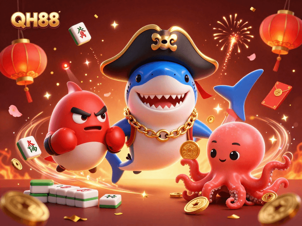 Elevate your gameplay with QH88, featuring a cheerful shark captain and vibrant casino elements.