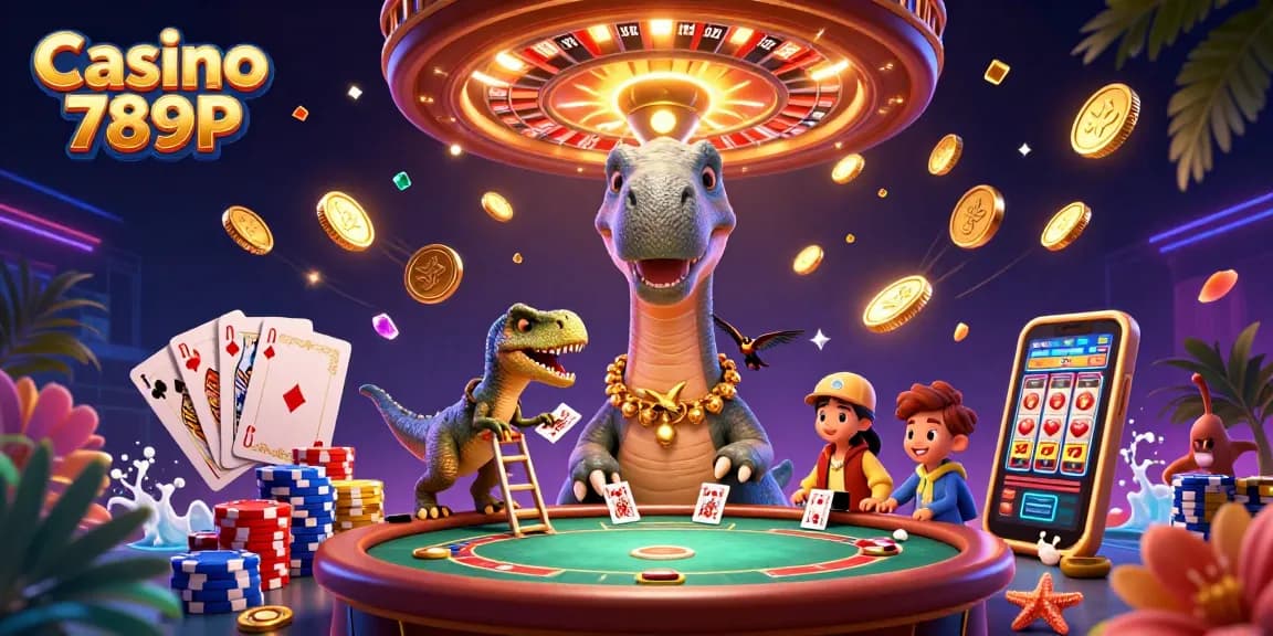 Experience excitement at Casino 789P with a lively 3D illustration of animated characters in a vibrant casino setting.