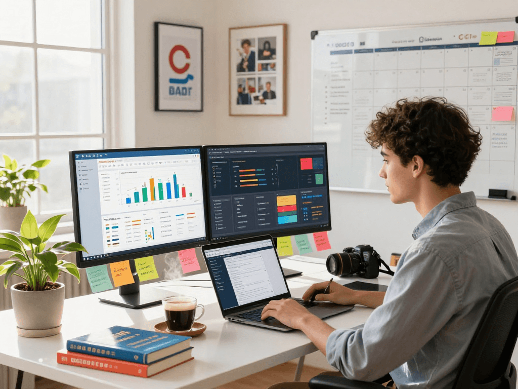 Digital marketing workspace with ai slut strategies in action, showcasing analytics and creativity.