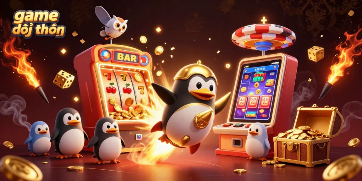 Experience game đổi thưởng excitement with a dynamic scene of a golden penguin, casino elements, and vibrant visuals.