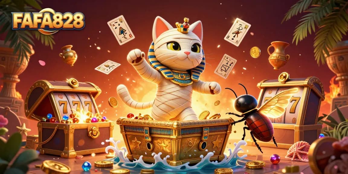 FAFA828 casino scene featuring a glowing mummy cat and dynamic slot elements.