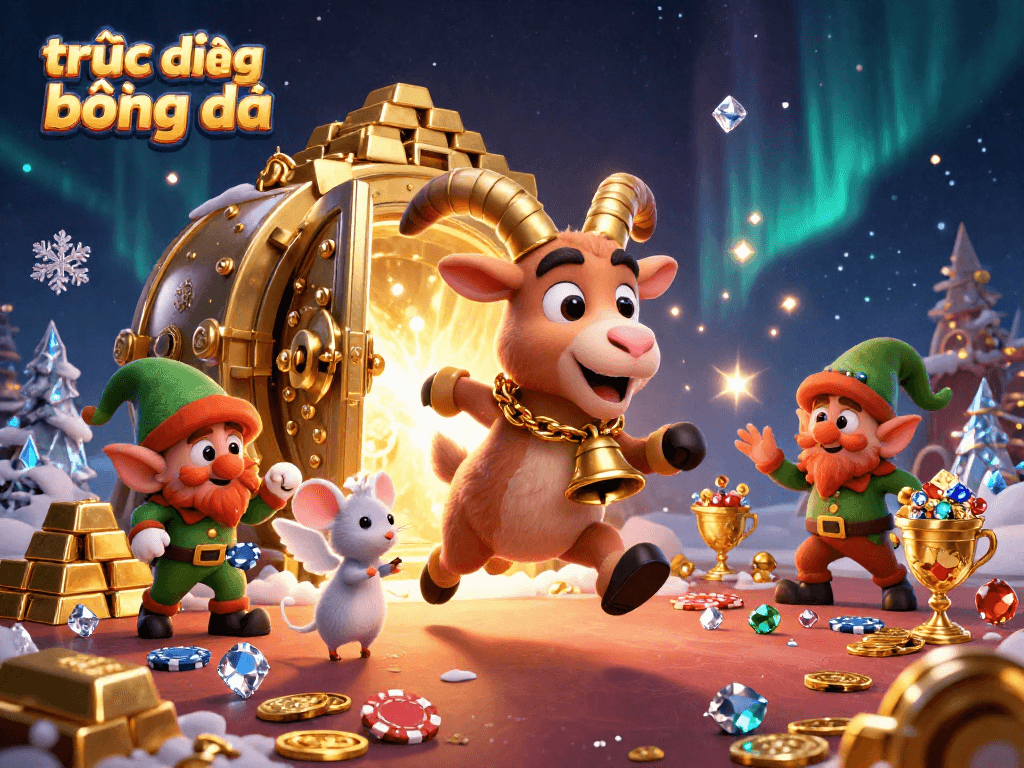 Experience trực tiếp bóng đá with a vibrant casino scene featuring Krampus, angel mouse, and elf gremlins around dazzling treasures.