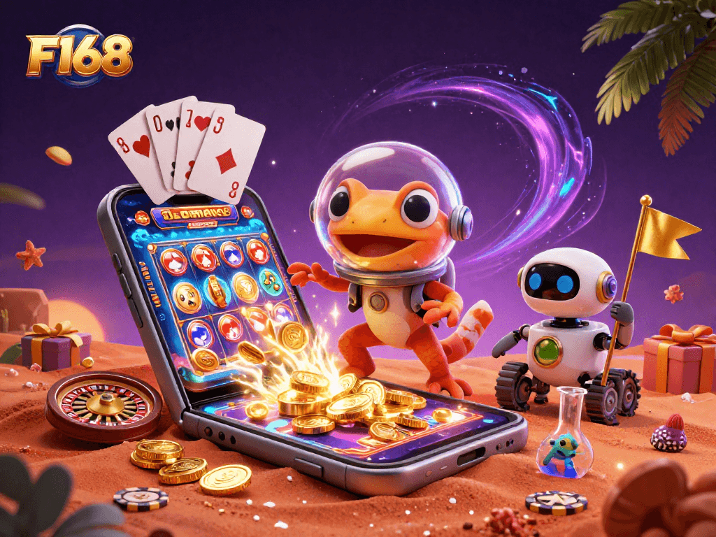 Experience thrilling wins with F168 in this ultra-detailed 3D casino adventure scene.