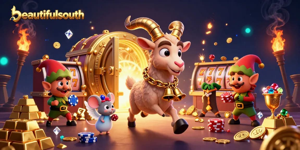 Beautifulsouth showcases a lively casino scene with slot reels, characters, and festive elements.