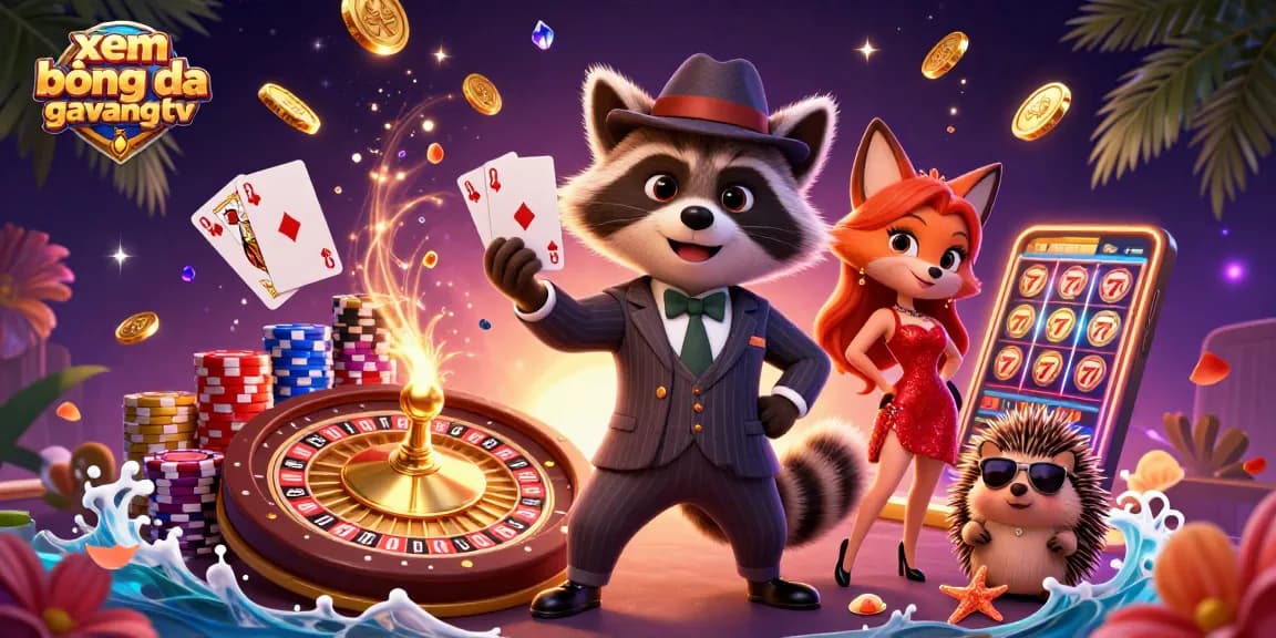 xem bóng đá gavangtv features a suave raccoon and stylish fox in a vibrant casino scene.