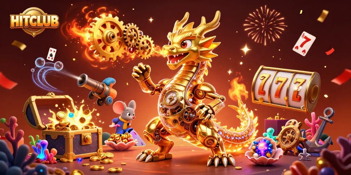 Experience thrilling HITCLUB gameplay with a golden dragon surrounded by vibrant casino elements.
