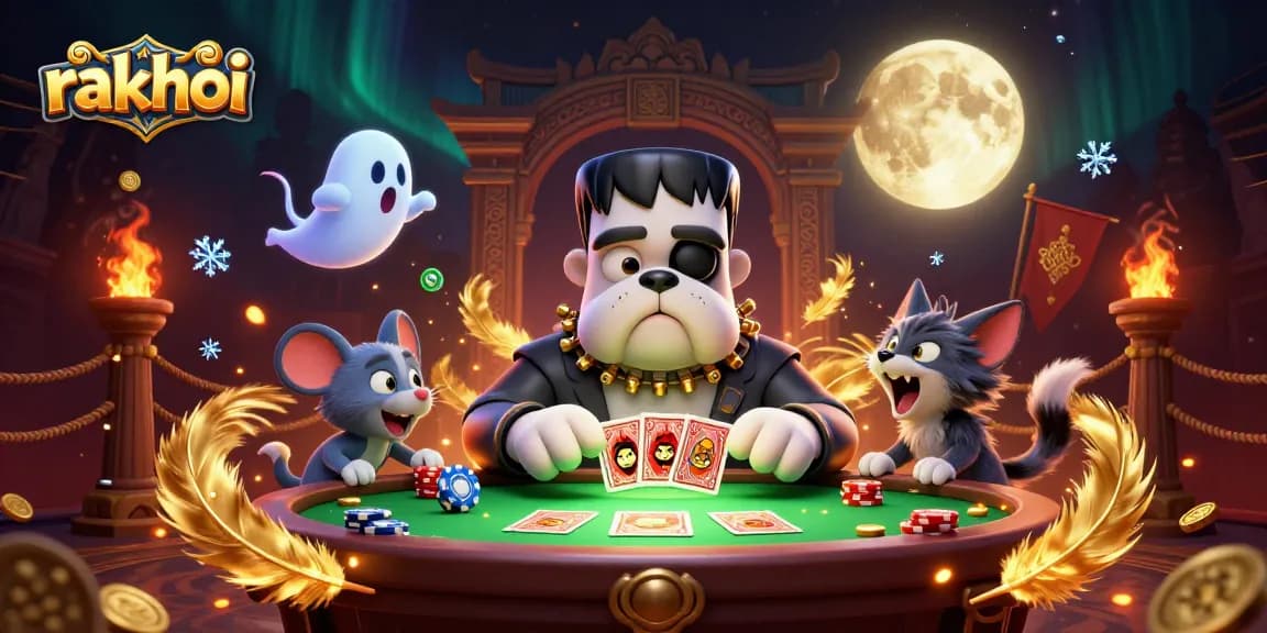 Bet on rakhoi with a lively 3D cartoon image showcasing a bulldog monster and kitten in a casino setting.