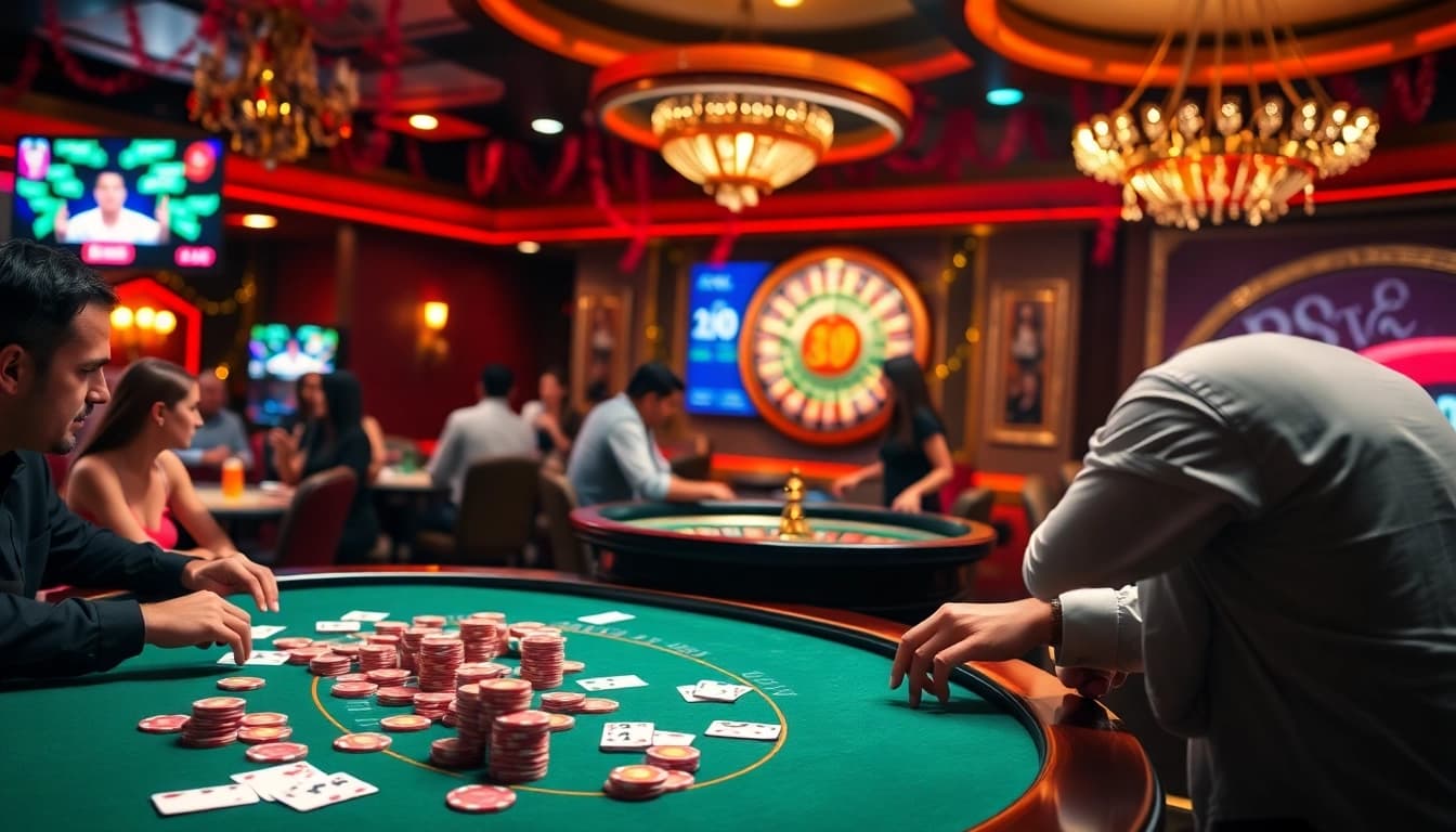 Cakhiatv enthusiasts enjoying a vibrant casino atmosphere with poker chips and roulette wheels.