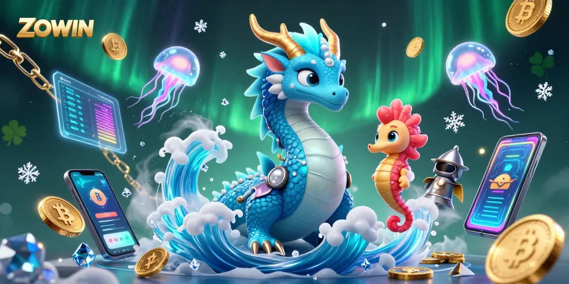 ZOWIN engages players with a vibrant 3D dragon and seahorse knight amidst glowing crypto elements.