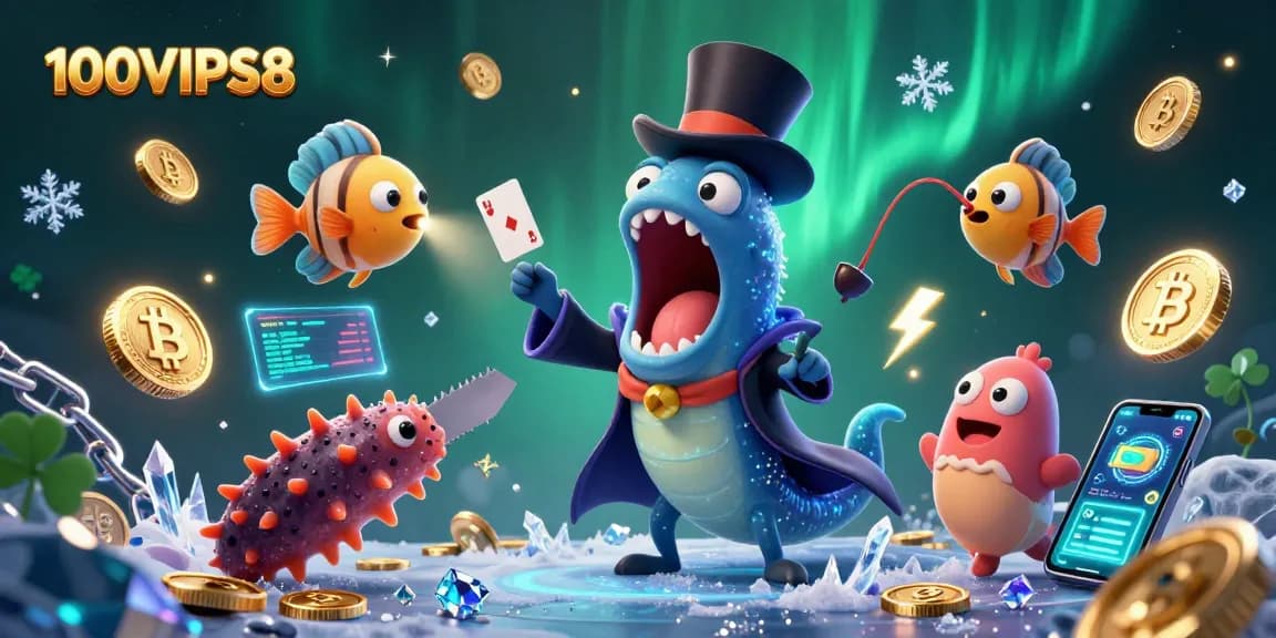 Experience magic at 100VIPS8 with a glowing eel, anglerfish, and sea cucumber in a vibrant casino setting.