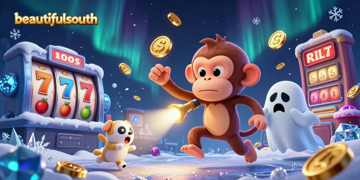 Experience the lively action at beautifulsouth's casino with a mischievous monkey juggling gold coins and slots.