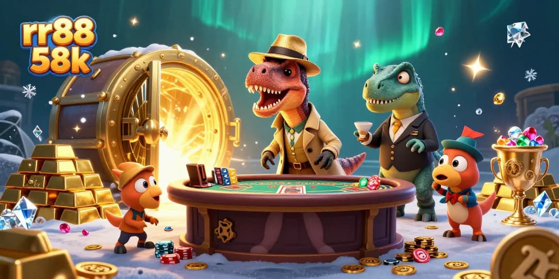 Play exciting games at rr88 58k with a cartoon velociraptor and stegosaurus in a luxurious casino setting.