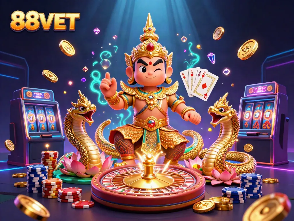 Experience the engaging world of 88V BET with vibrant casino elements and rich 3D illustrations.
