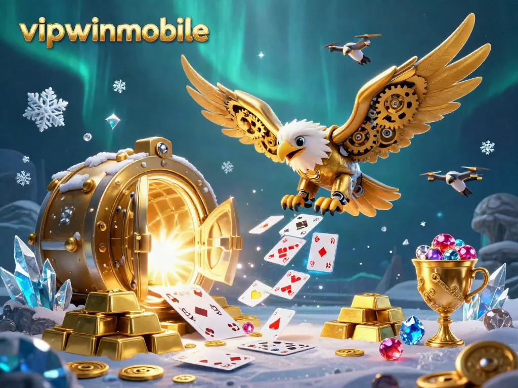 Join the exciting action at vipwinmobile with a golden eagle soaring through holographic cards amidst treasures
