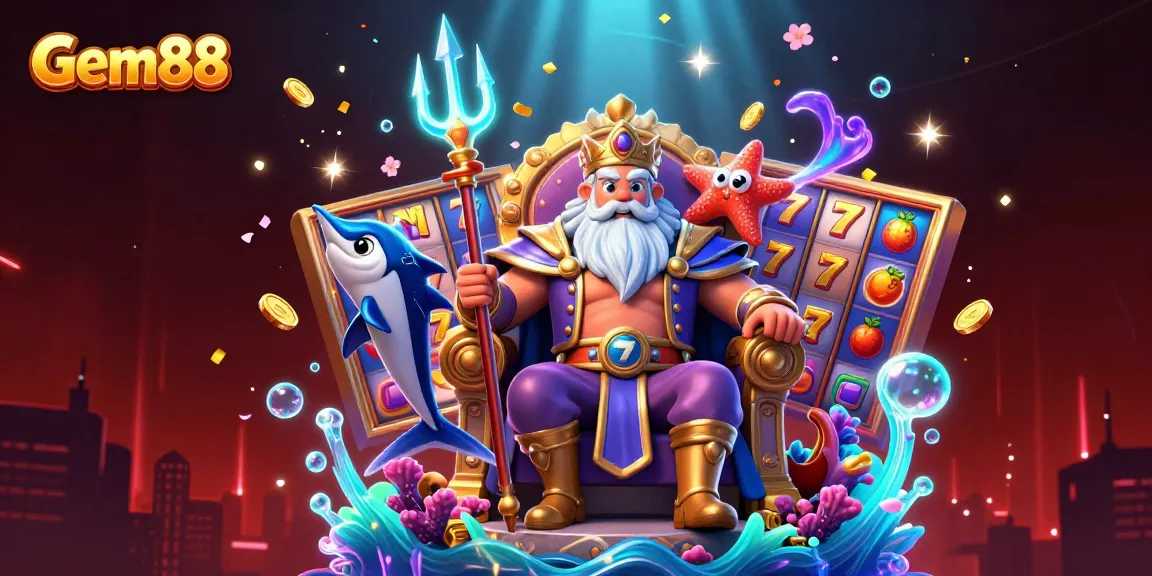 Spin the reels at Gem88 with Neptune, lucky symbols, and vibrant casino elements!