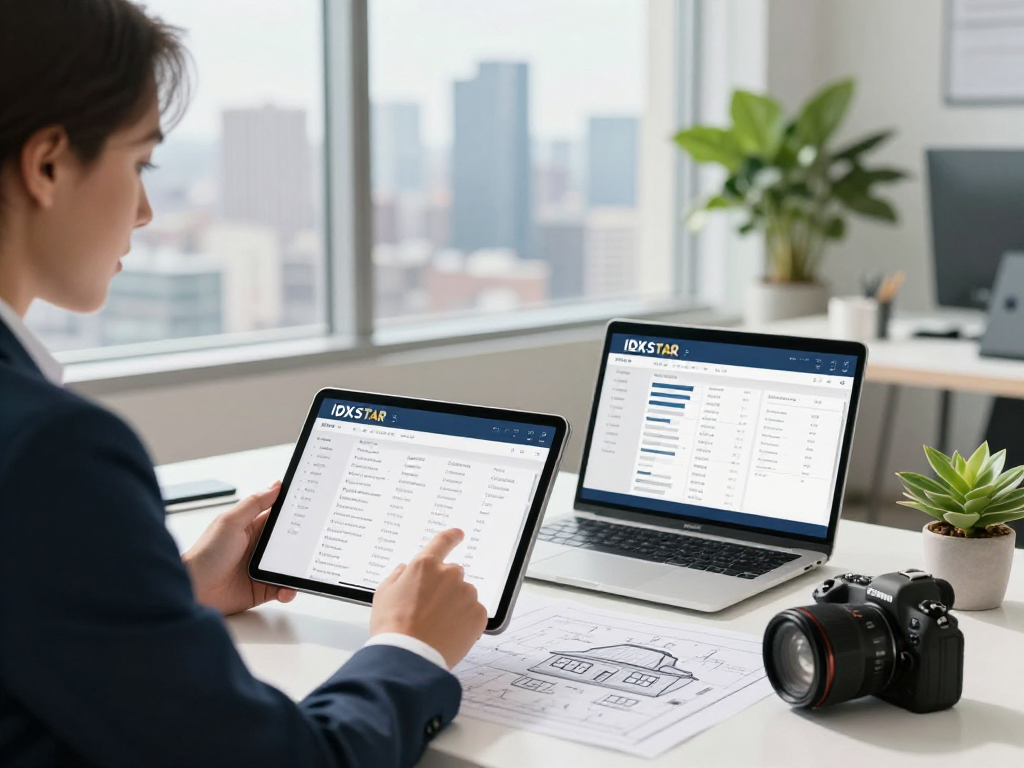 Agent using IDXSTAR on a tablet in a modern office with city views.
