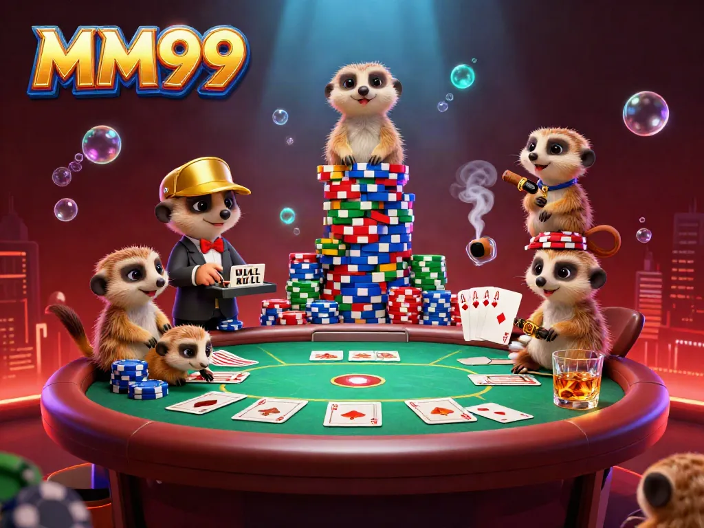 MM99 meerkats engaging in an exciting casino operation with colorful poker chips and cards.