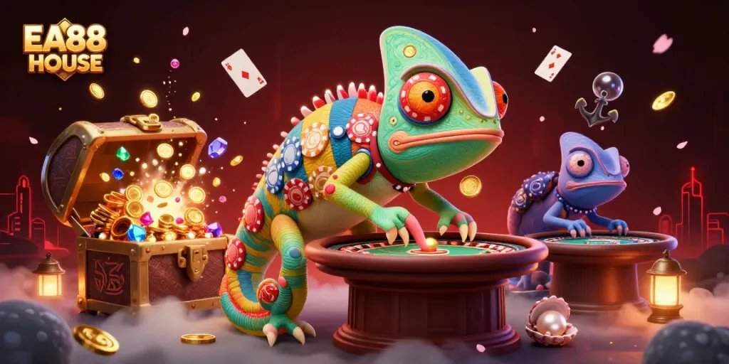 Experience the thrilling EA88 HOUSE casino world with vibrant chameleon character capturing coins