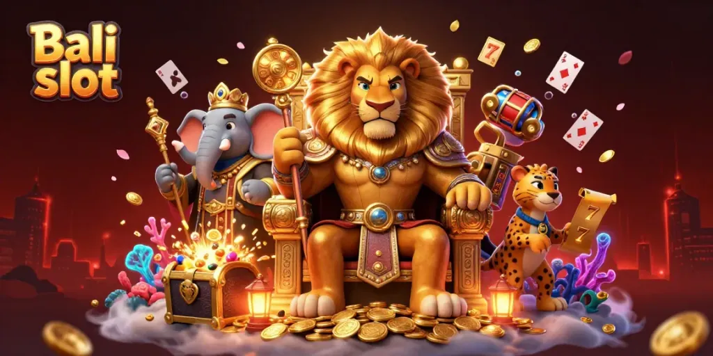 Bali slot illustration with a lion king, elephant, and cheetah amidst dynamic casino game elements.