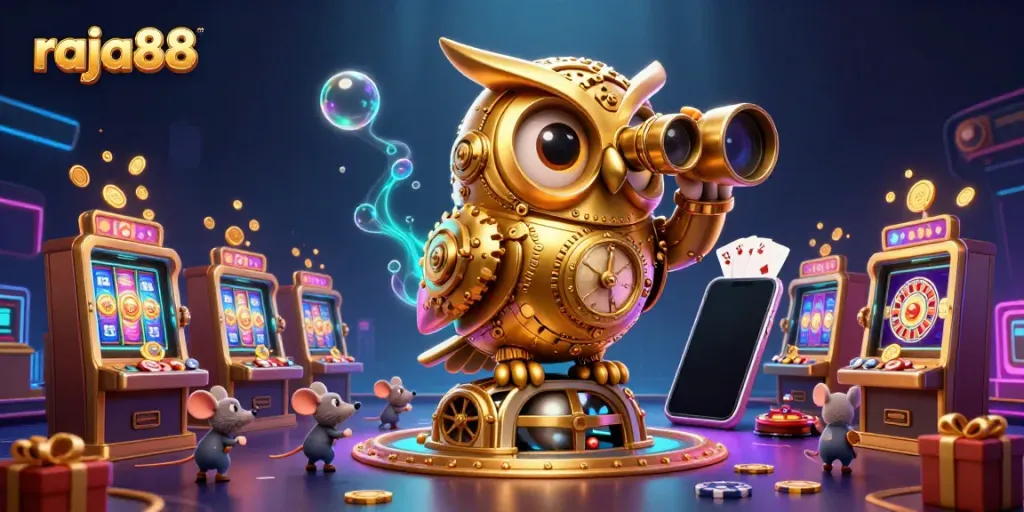 Experience thrilling gameplay at raja88 with a lively owl and engaging casino elements.