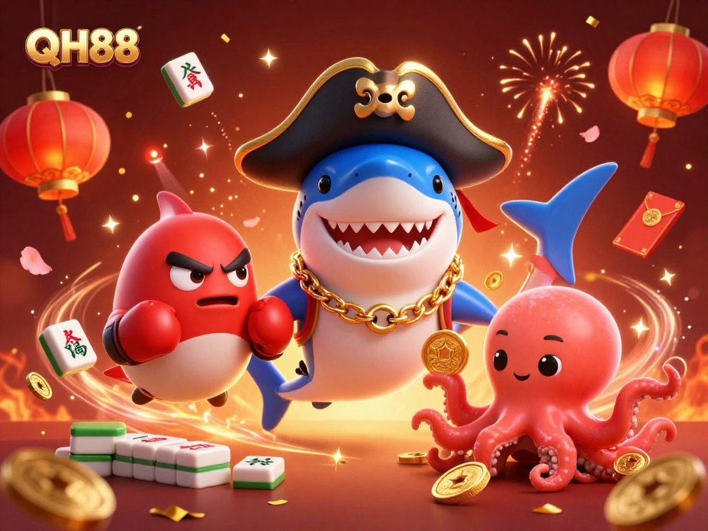 Elevate your gameplay with QH88, featuring a cheerful shark captain and vibrant casino elements.