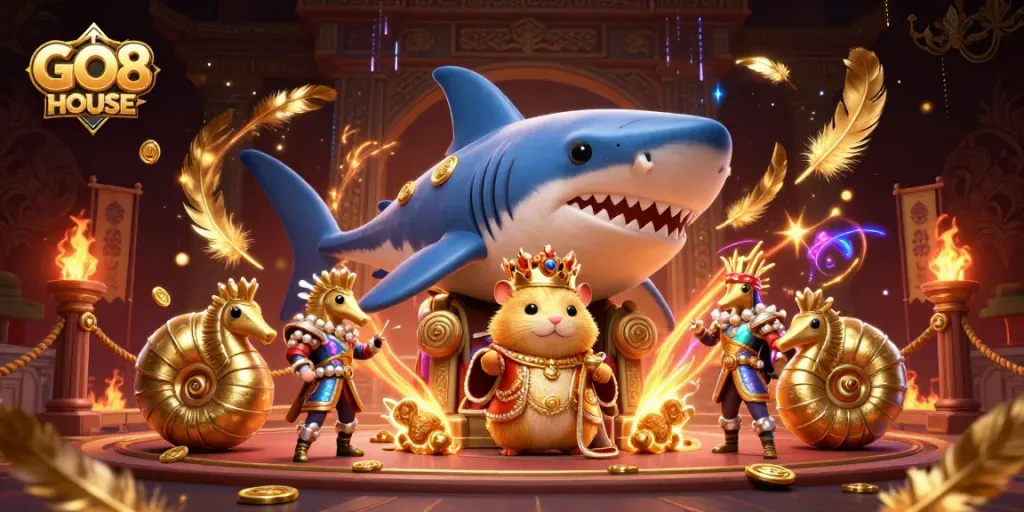 Engage with thrilling games at GO8 HOUSE featuring a regal hamster king in a dynamic gambling scene.