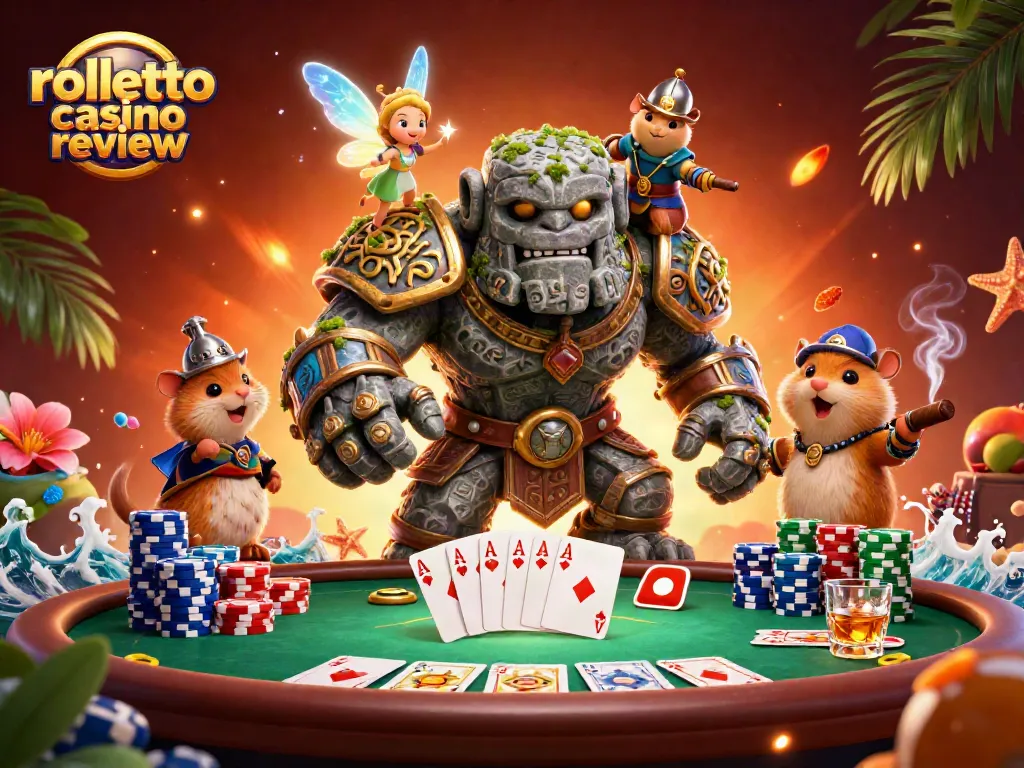 Engage in the rolletto casino review with vibrant characters and casino game elements in a lively illustration.