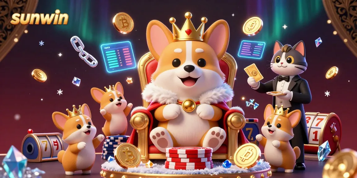 Engage with sunwin's vibrant 3D illustration featuring a royal corgi surrounded by crypto elements and gaming symbols.