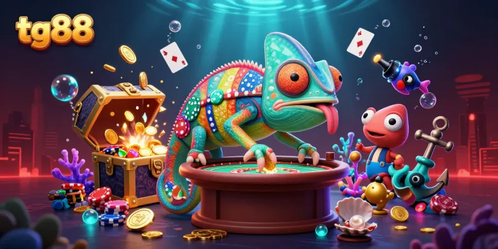 Play thrilling online games at tg88 casino with animated chameleon captivating players.