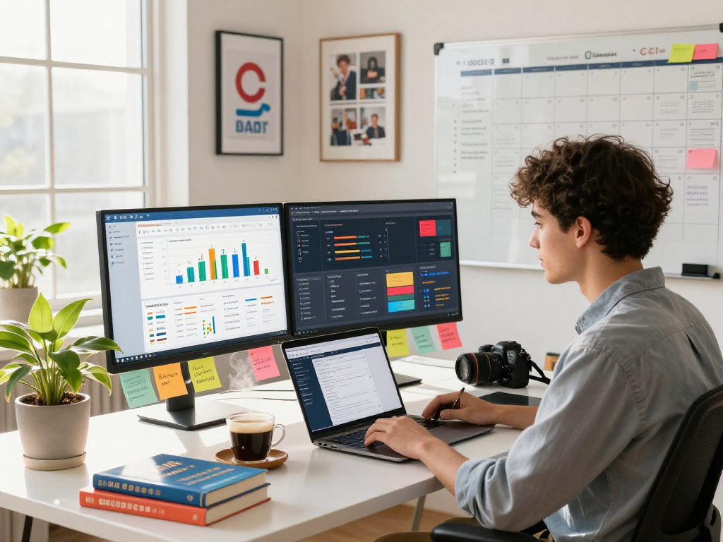 Digital marketing workspace with ai slut strategies in action, showcasing analytics and creativity.