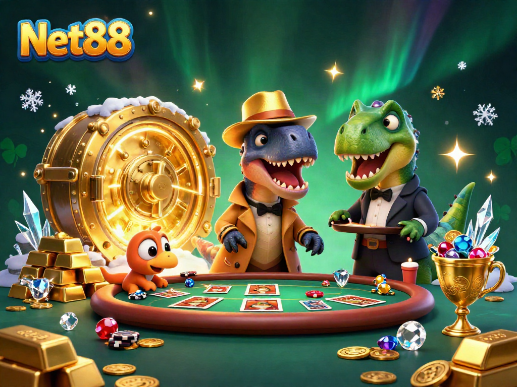 Net88 velociraptor card counter at blackjack table surrounded by treasures and casino excitement
