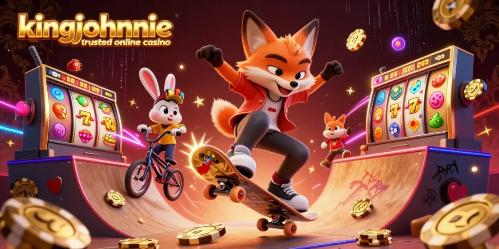 Give a dynamic look at kingjohnnie trusted online casino with colorful slot reels and a vibrant gaming atmosphere.