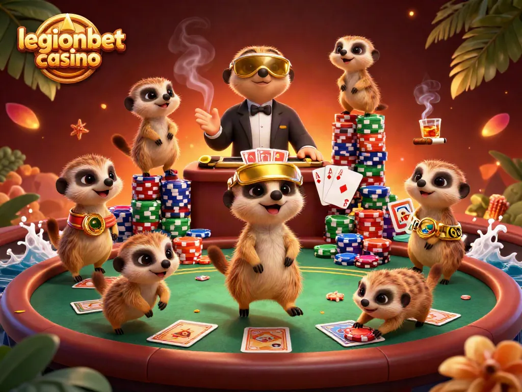 Experience thrilling action at legionbet casino with playful meerkats engaging in exciting card games.