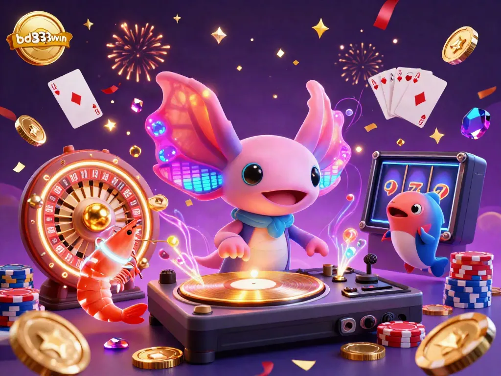 Experience the vibrant world of bd333win with a psychedelic axolotl DJ and lively shrimps celebrating big wins under a sparkling casino atmosphere.
