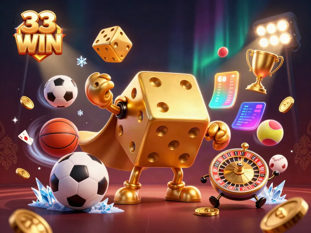 Engage with 33 WIN's exciting gaming world through a vibrant illustration of cartoon characters and dynamic sports elements.
