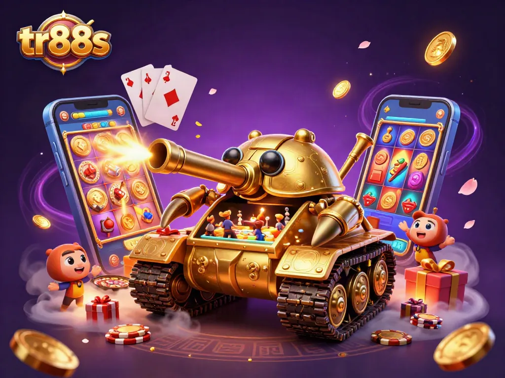 Spin to win with tr88s as gold coins and mini casinos burst from the beetle tank in a vivid 3D scene.