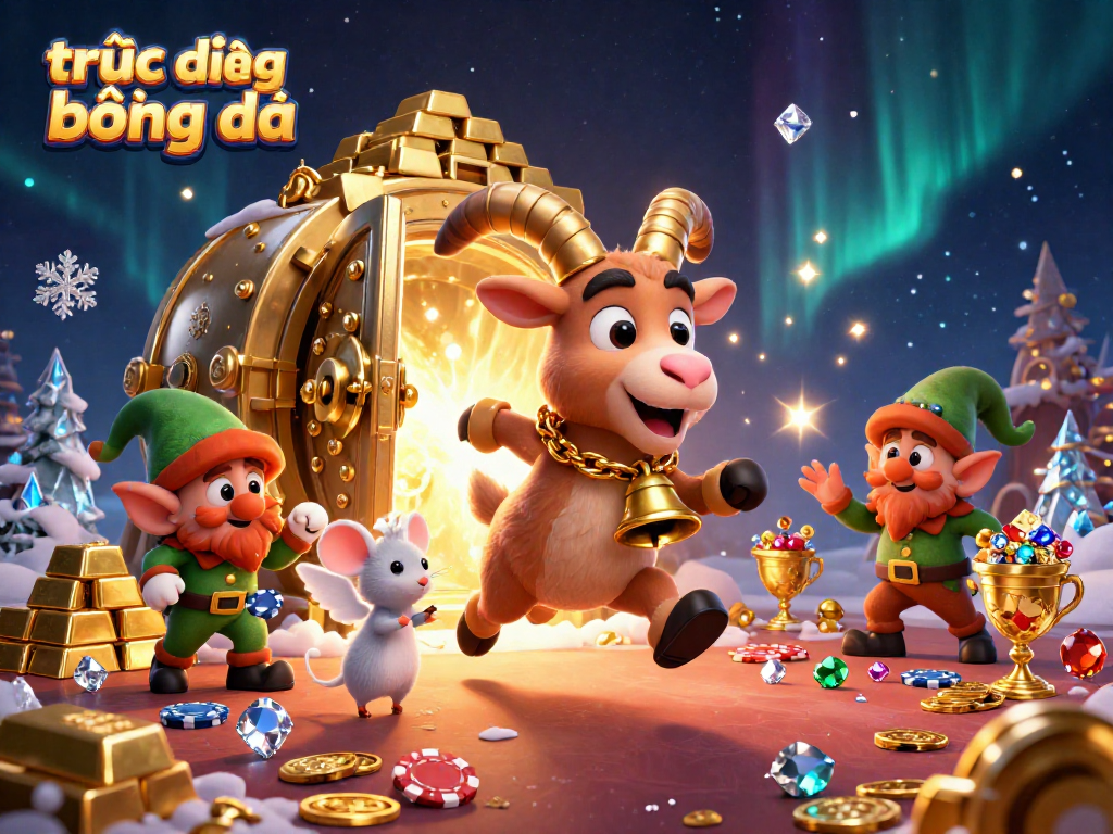 Experience trực tiếp bóng đá with a vibrant casino scene featuring Krampus, angel mouse, and elf gremlins around dazzling treasures.