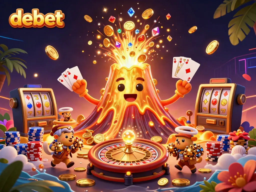 Debet showcases an exciting casino adventure with a triumphant volcano and treasure-filled scene.