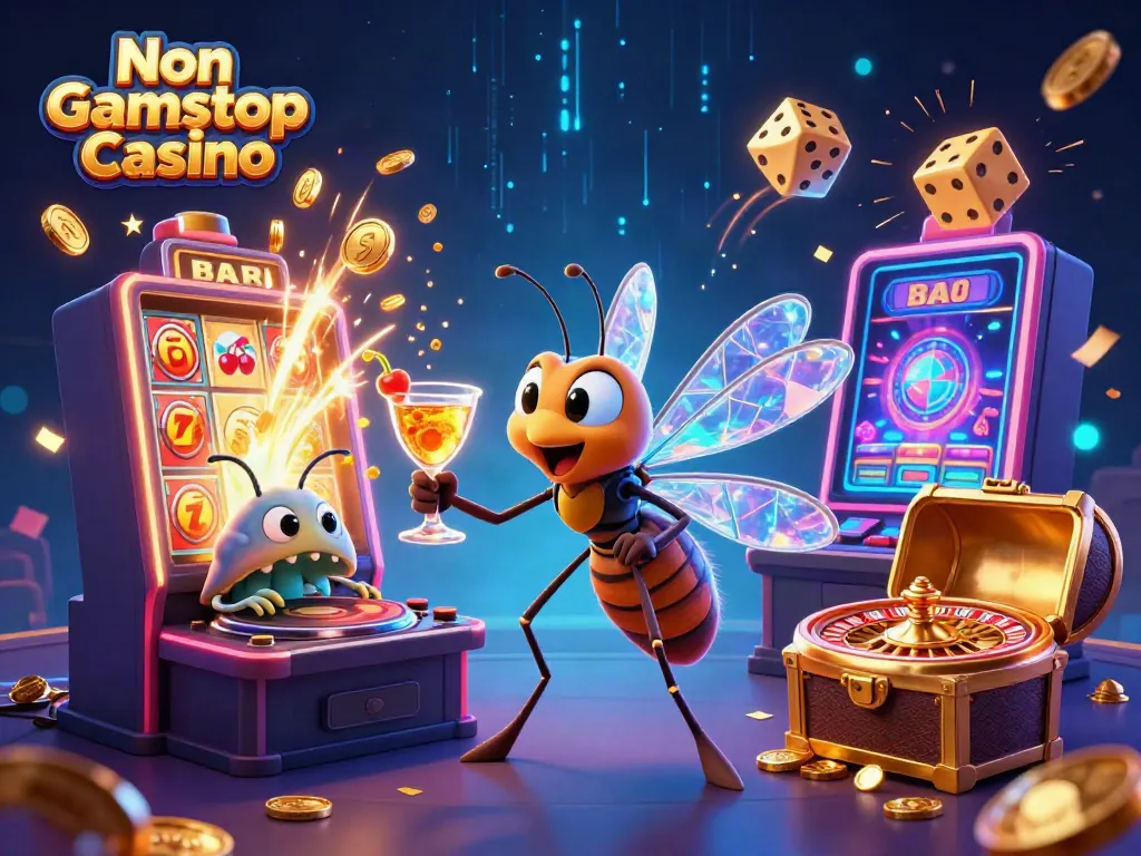 Engage with the vibrant atmosphere of a Non Gamstop Casino featuring dynamic characters and exciting gaming elements.