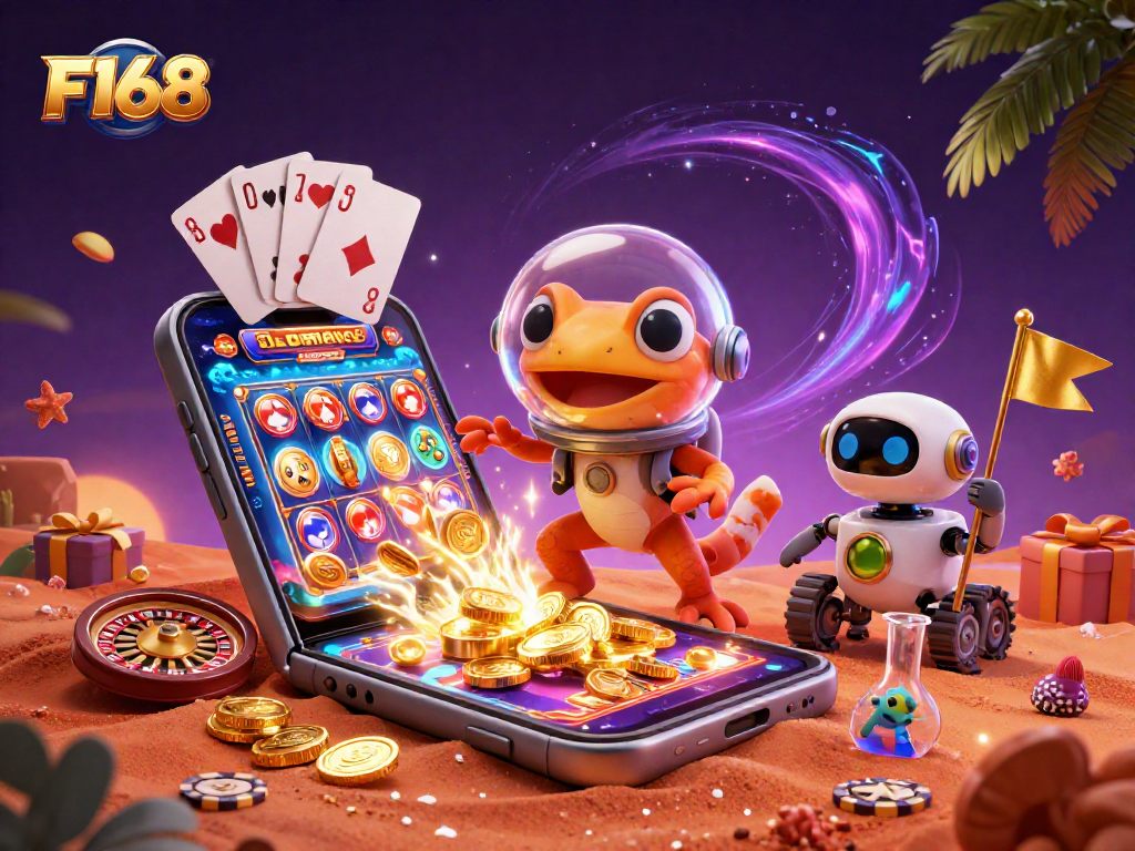 Experience thrilling wins with F168 in this ultra-detailed 3D casino adventure scene.